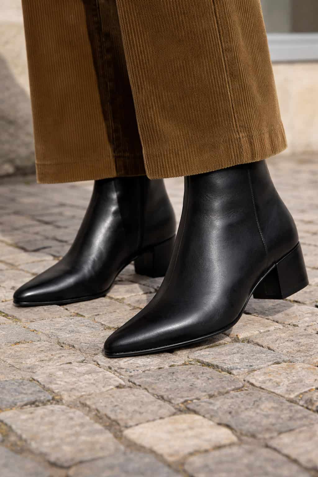 Black leather ankle boots, stylish city walk