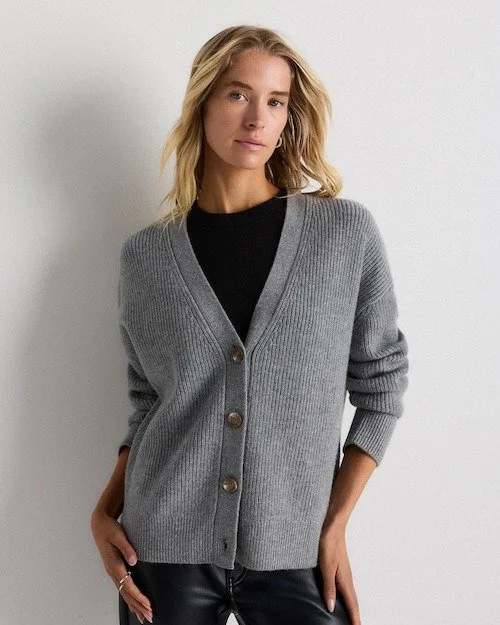 Gray ribbed cardigan, relaxed layering piece