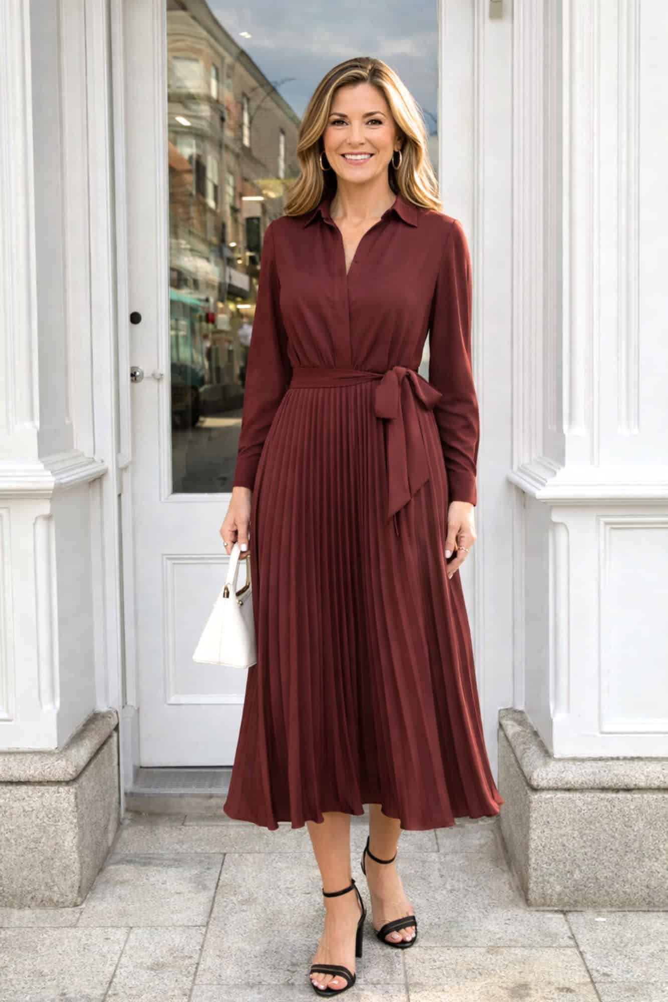 Burgundy pleated midi dress, elegant daywear