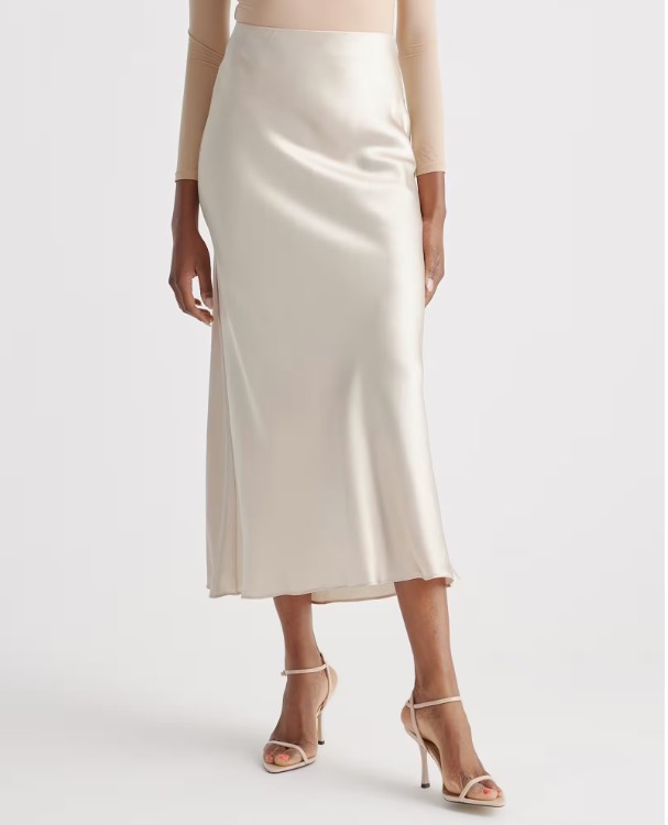 Cream satin midi skirt, elegant and fluid
