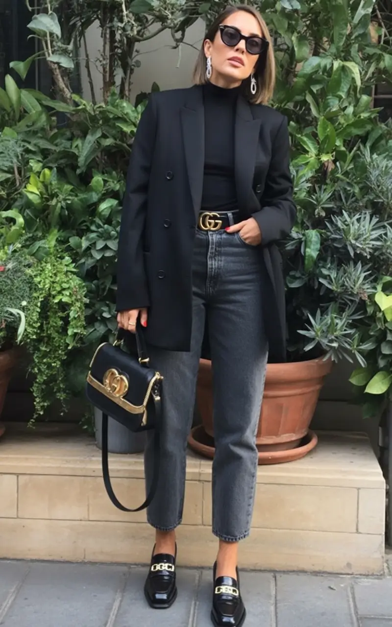Black blazer with jeans and loafers