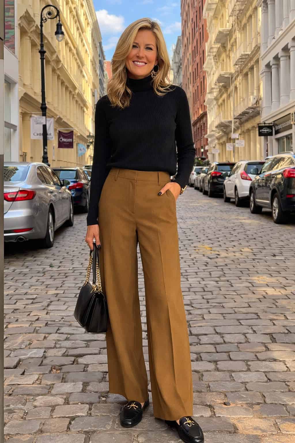 Black top with brown wide-leg trousers
