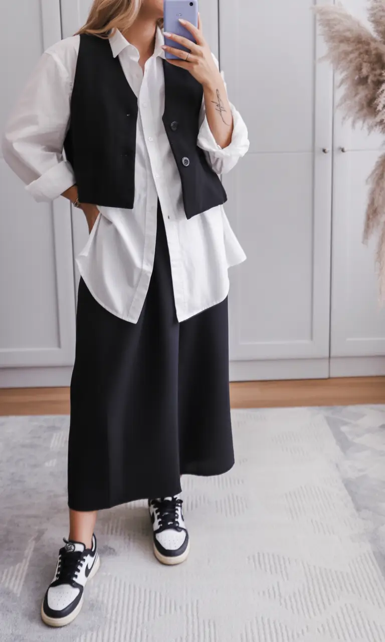 Black vest over white shirt, layered chic