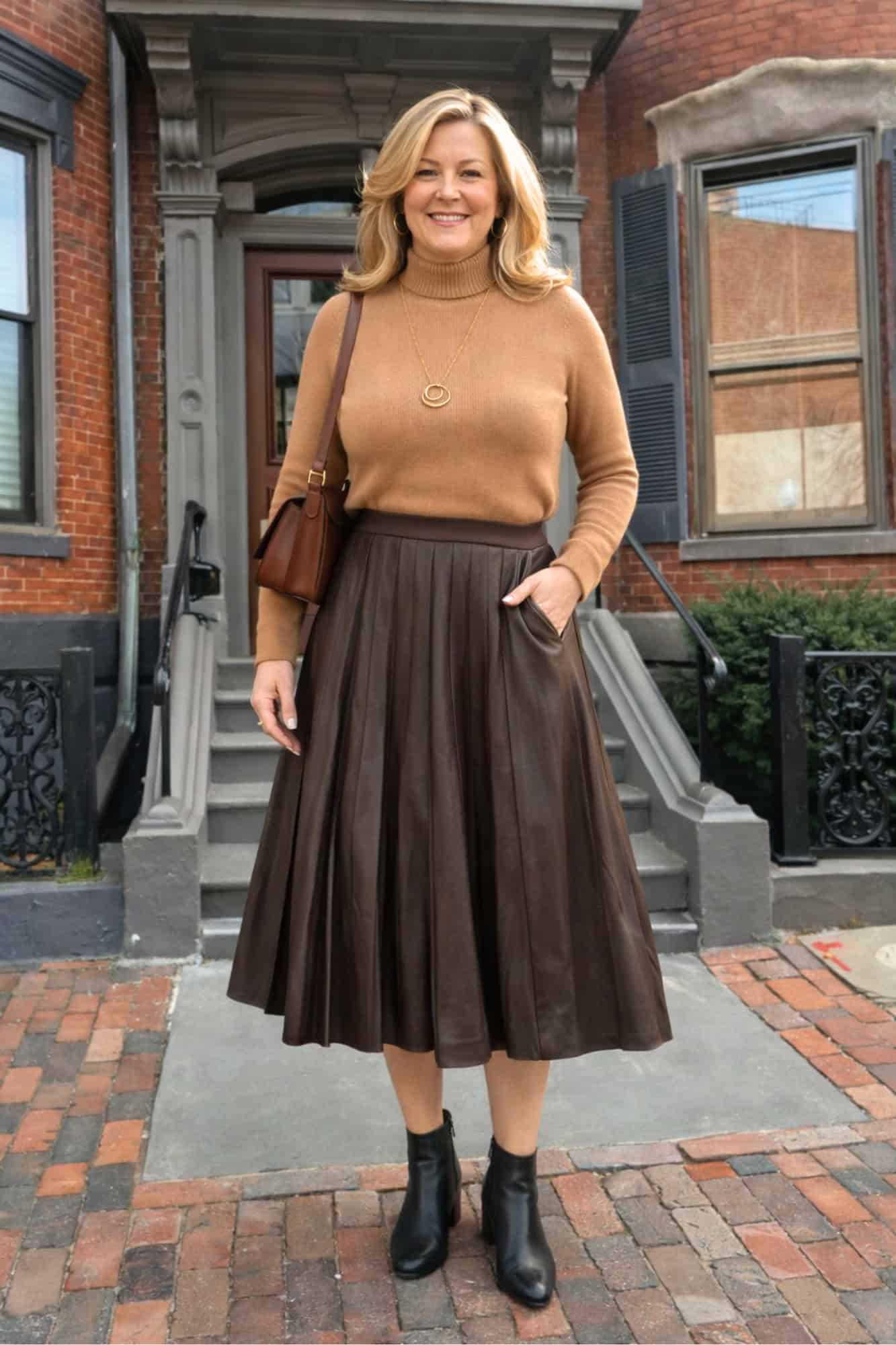 Brown pleated skirt with turtleneck, polished fall look