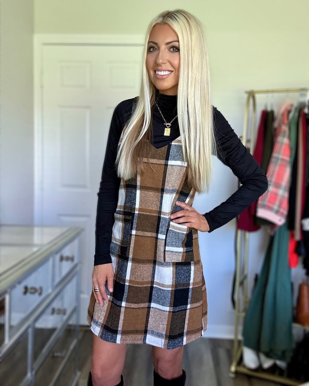 Plaid pinafore dress with turtleneck