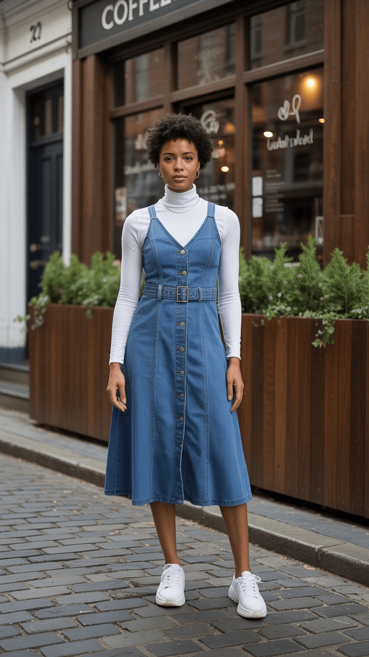 Denim dress with white turtleneck