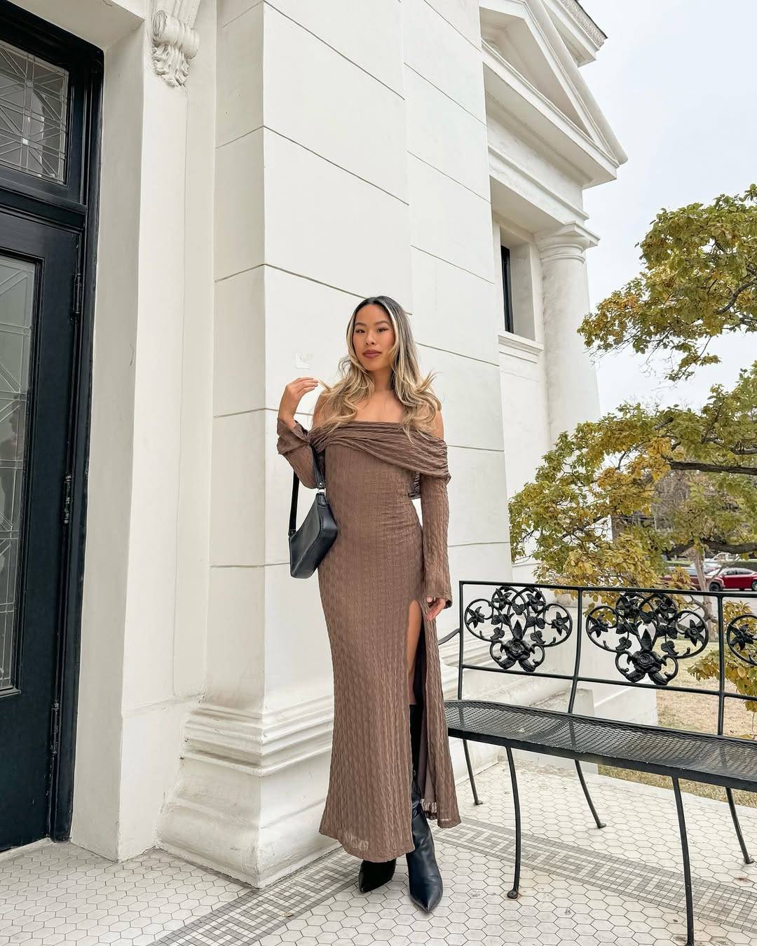 Brown ribbed knit dress with off-shoulder design