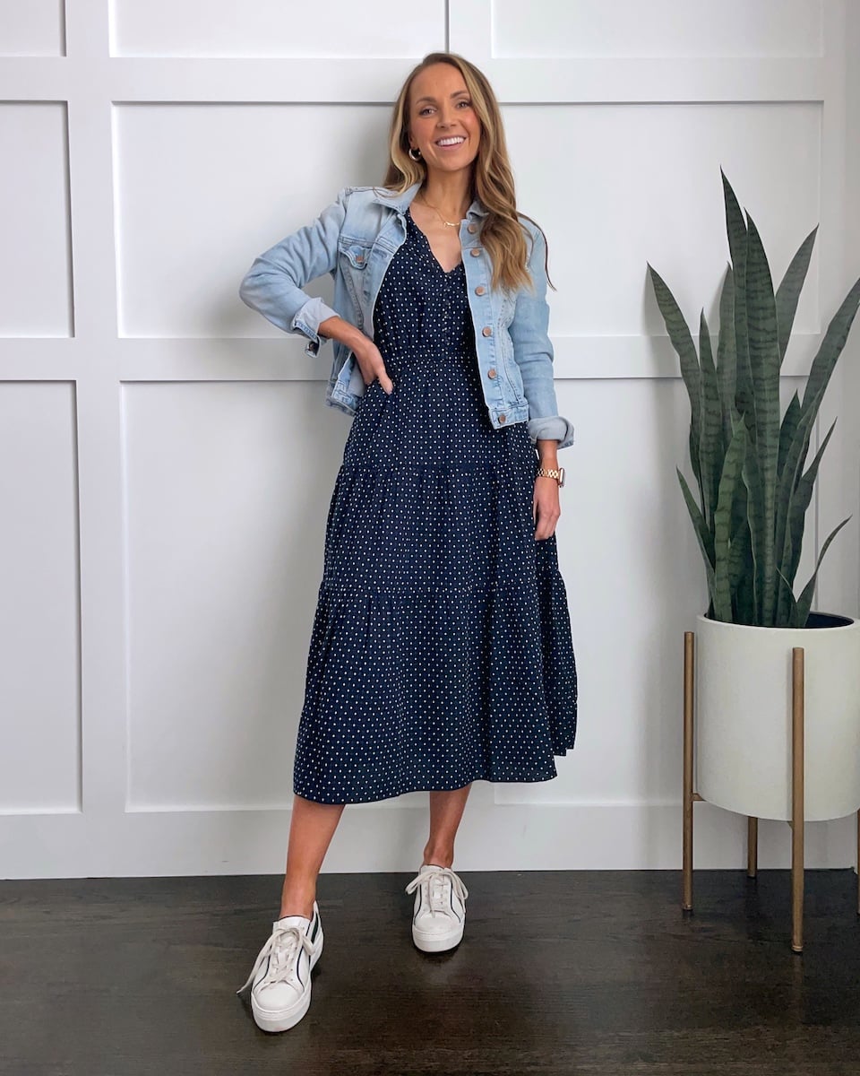 Navy polka dot dress with denim jacket