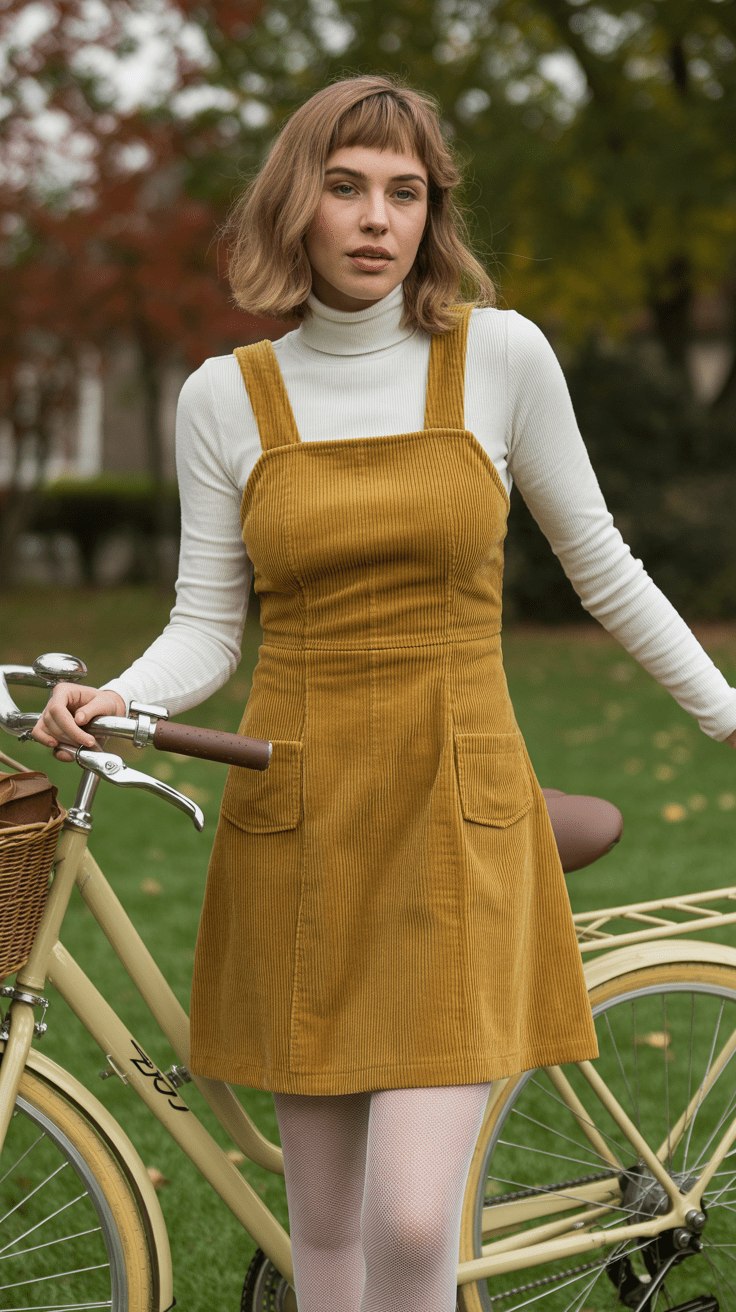 Mustard corduroy dress with turtleneck