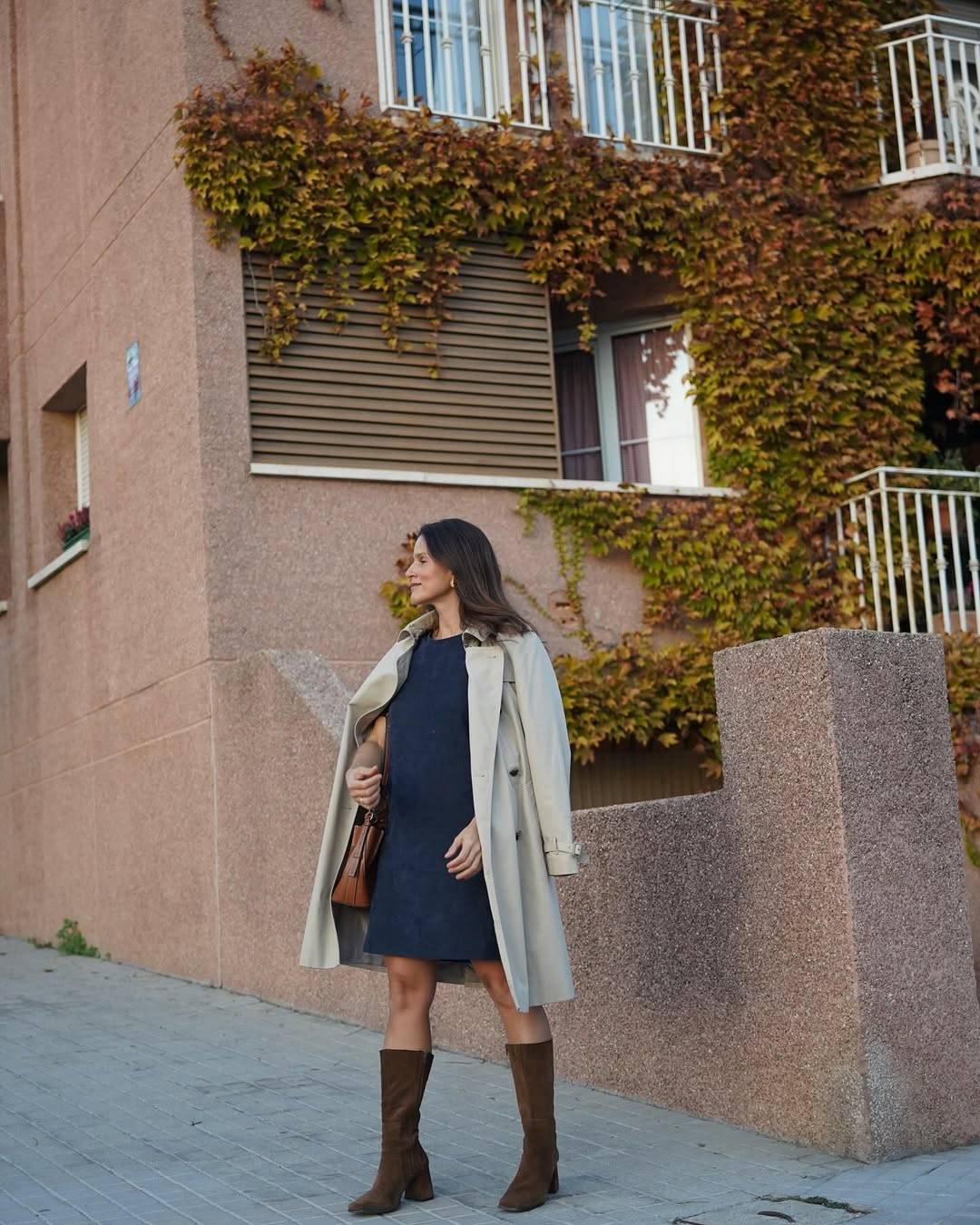 Navy dress with beige trench coat