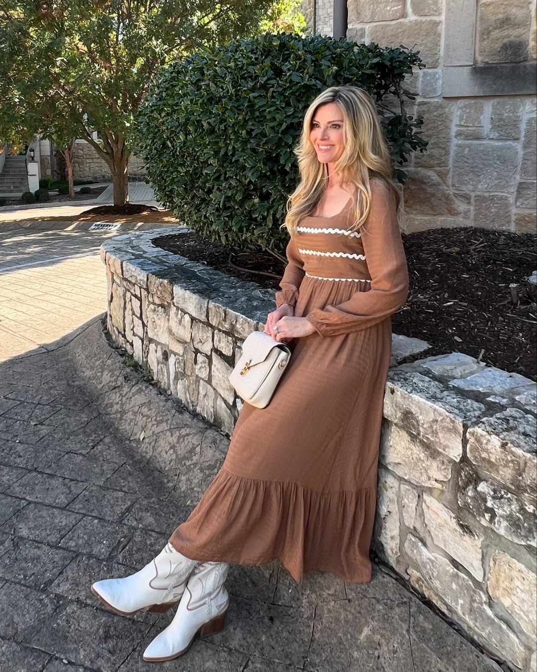 Brown maxi dress with white boots