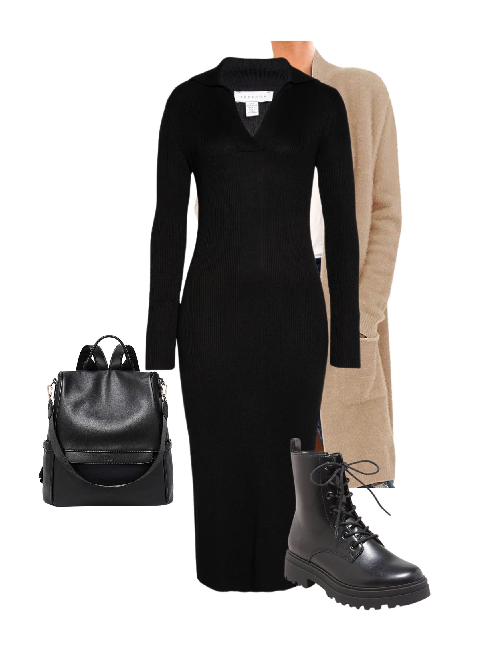 Black knit dress with cardigan and boots