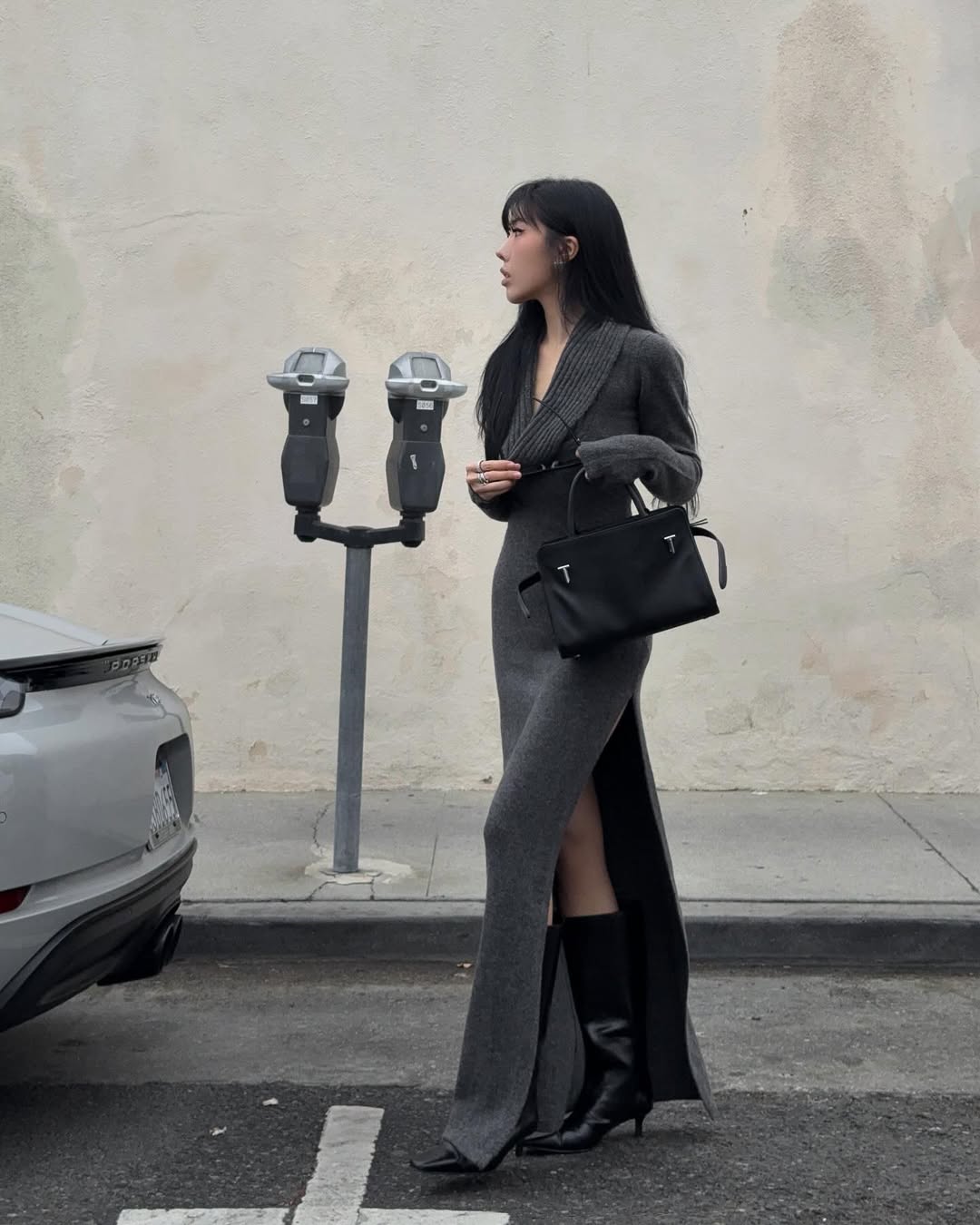 Grey slit dress with black boots