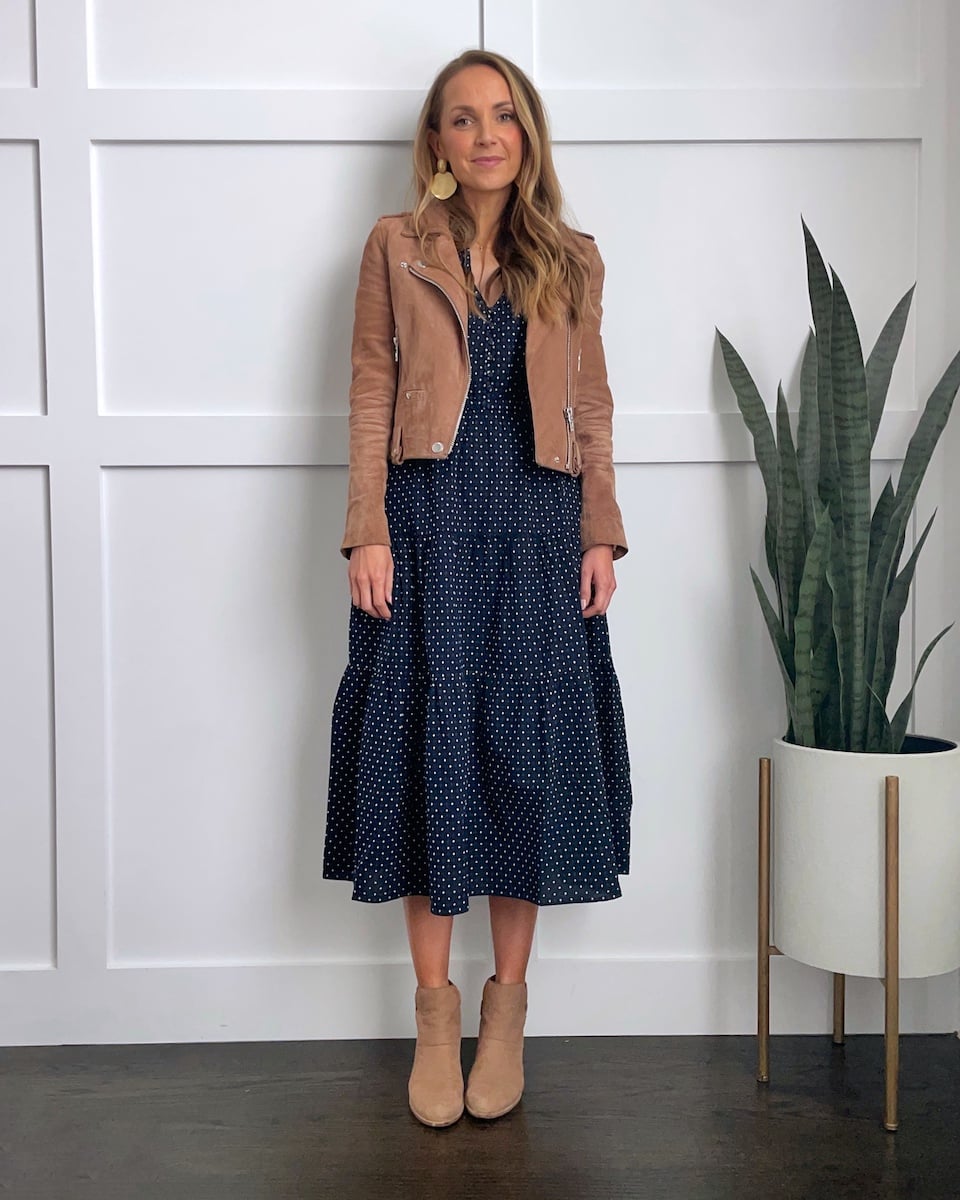 Navy polka dot dress with leather jacket