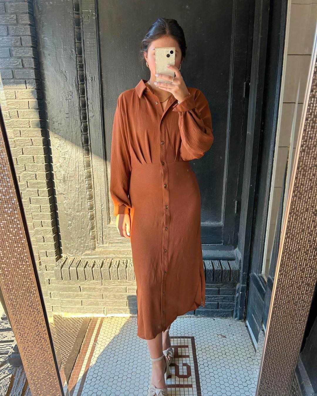 Rust button-down midi dress