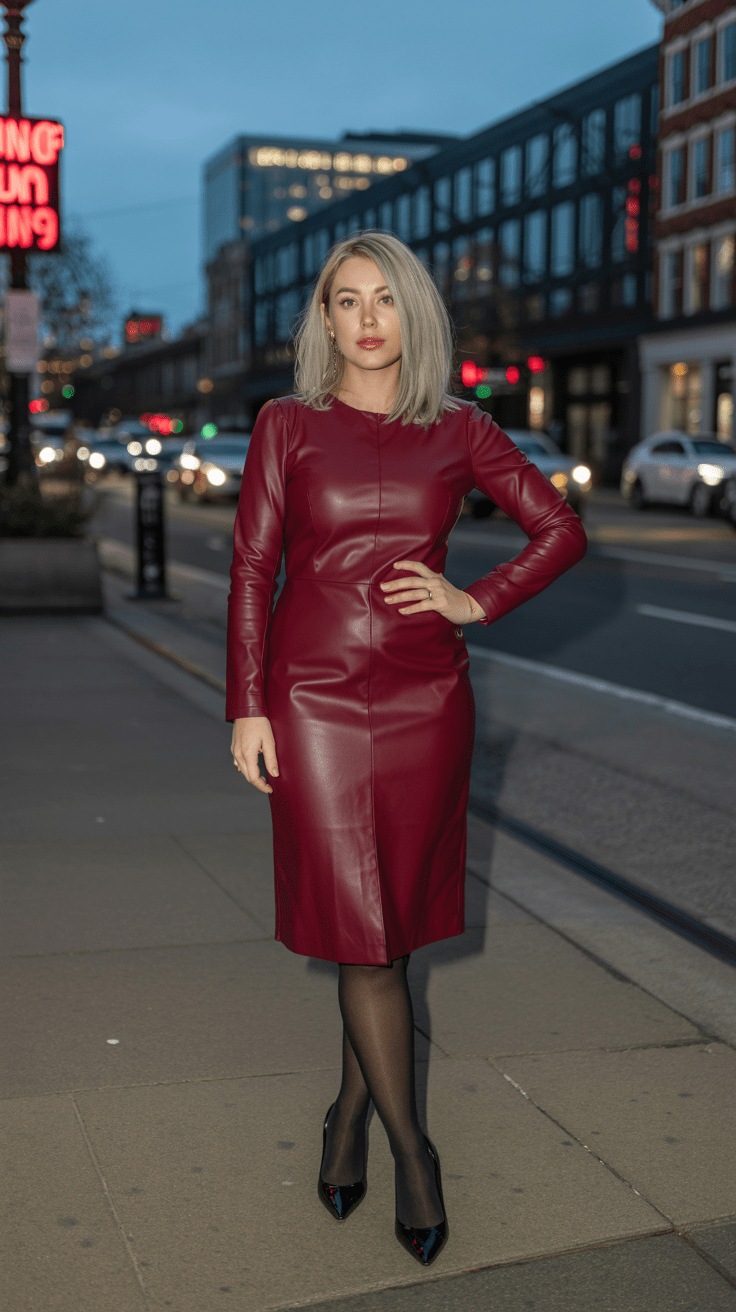 Burgundy leather dress with black heels