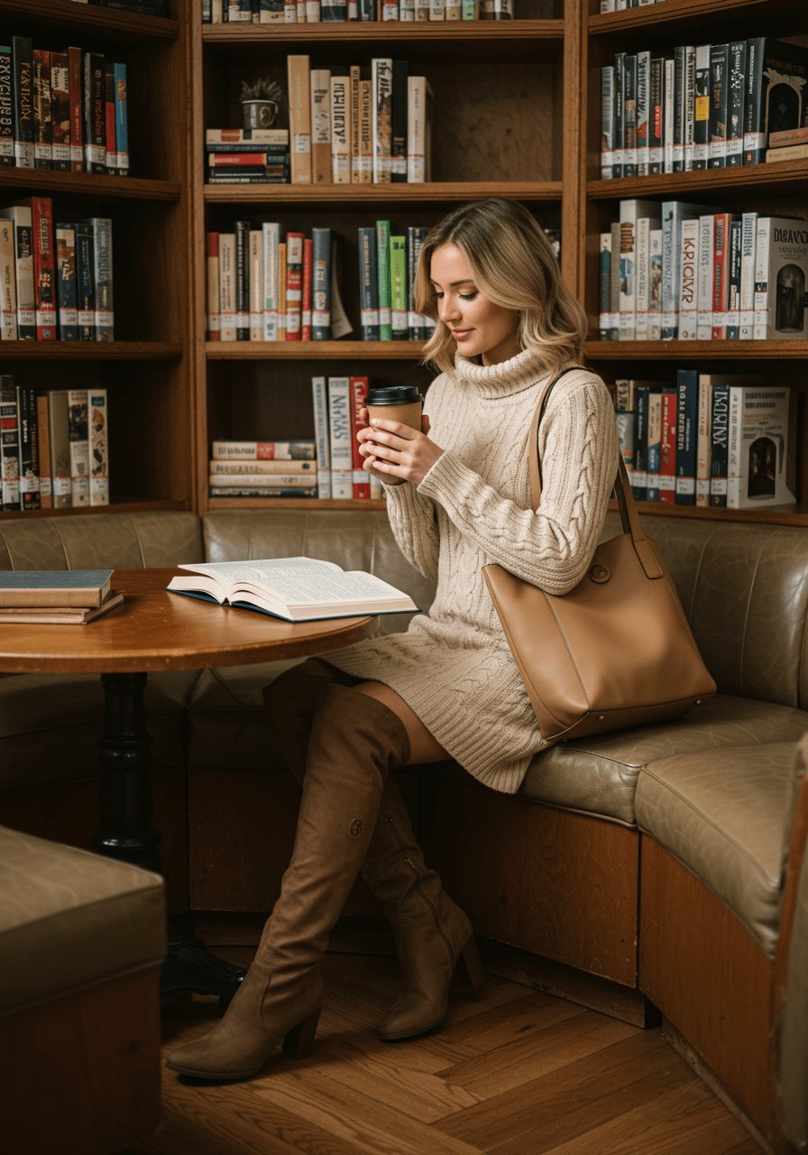 Cable knit dress with boots in library