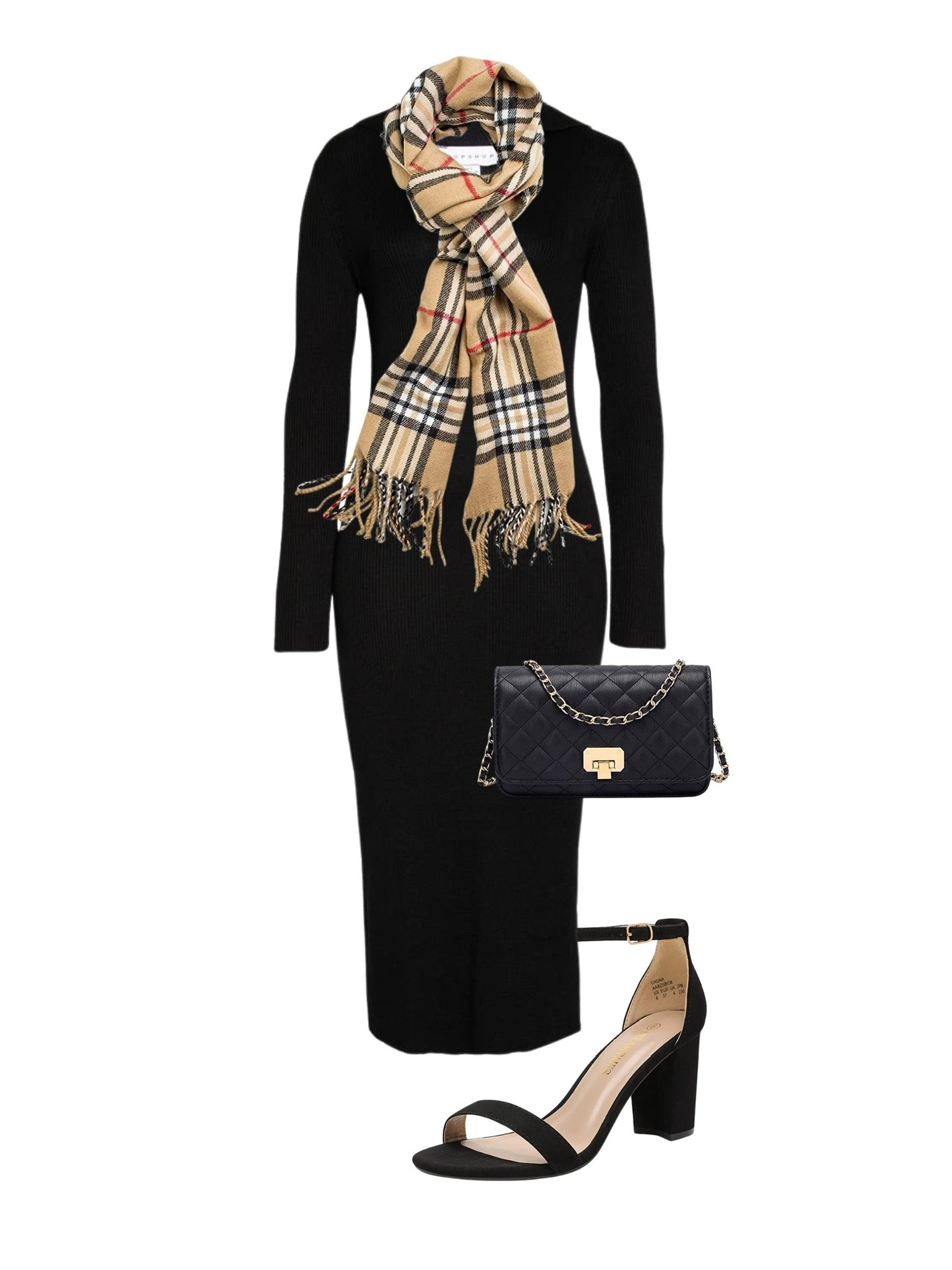 Black knit dress with check scarf and heels