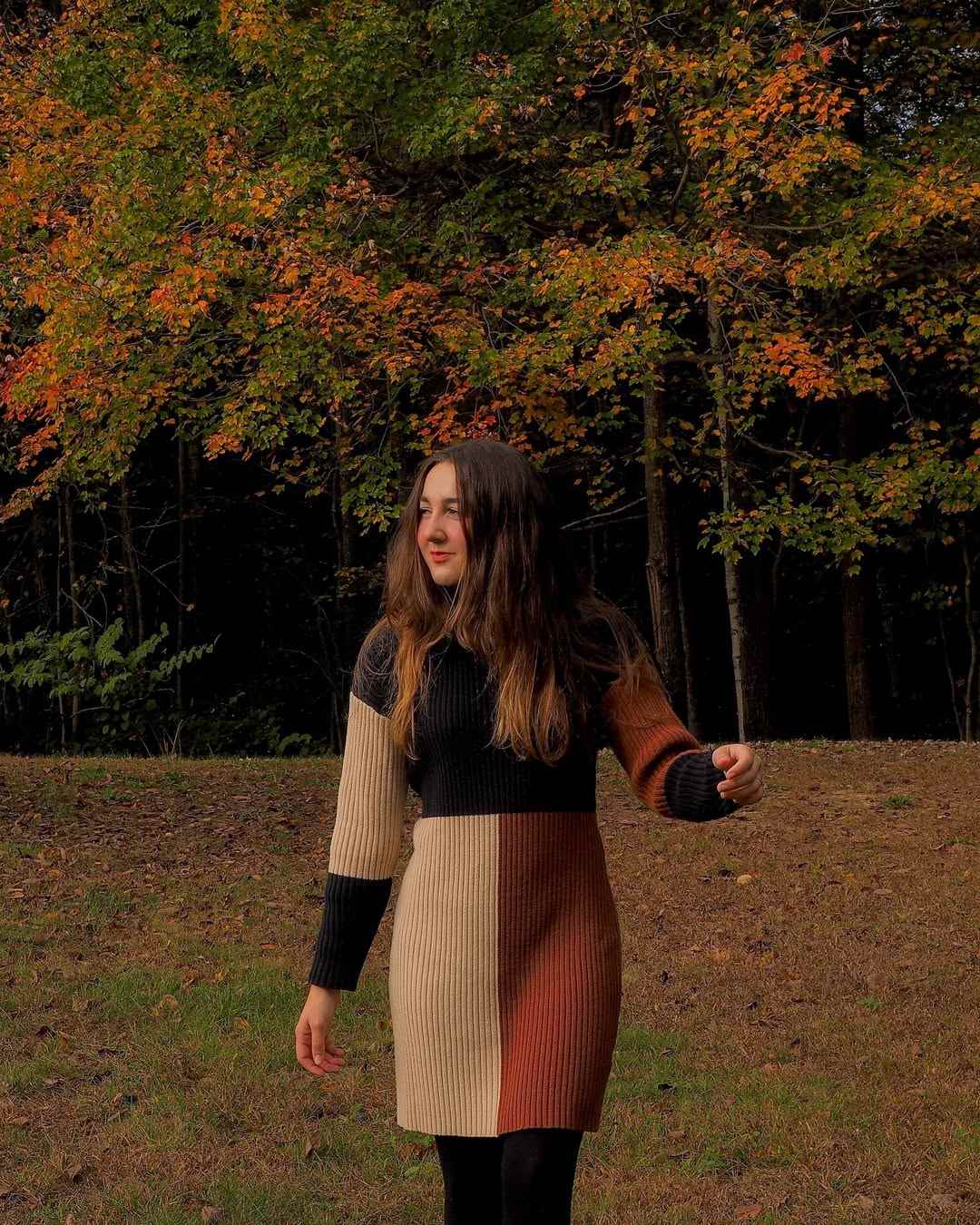Color-block knit dress in fall setting