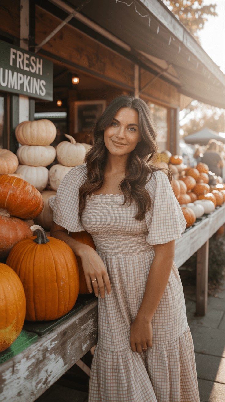 Gingham maxi dress at pumpkin patch