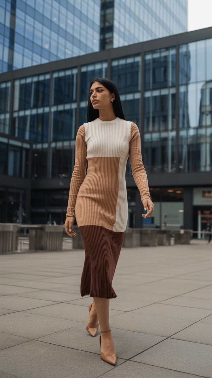 Color-block knit midi dress with nude heels