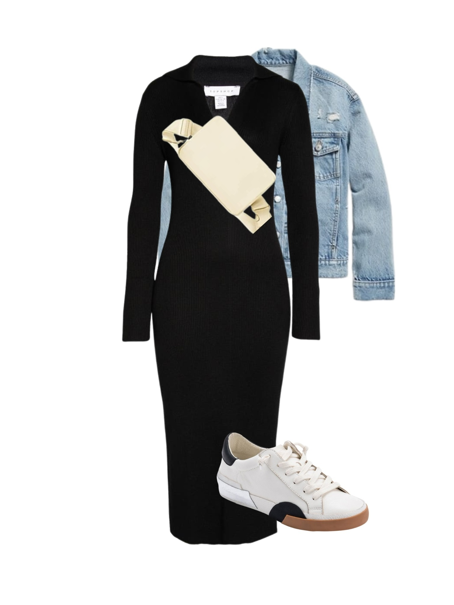 Black knit dress with denim jacket and sneakers