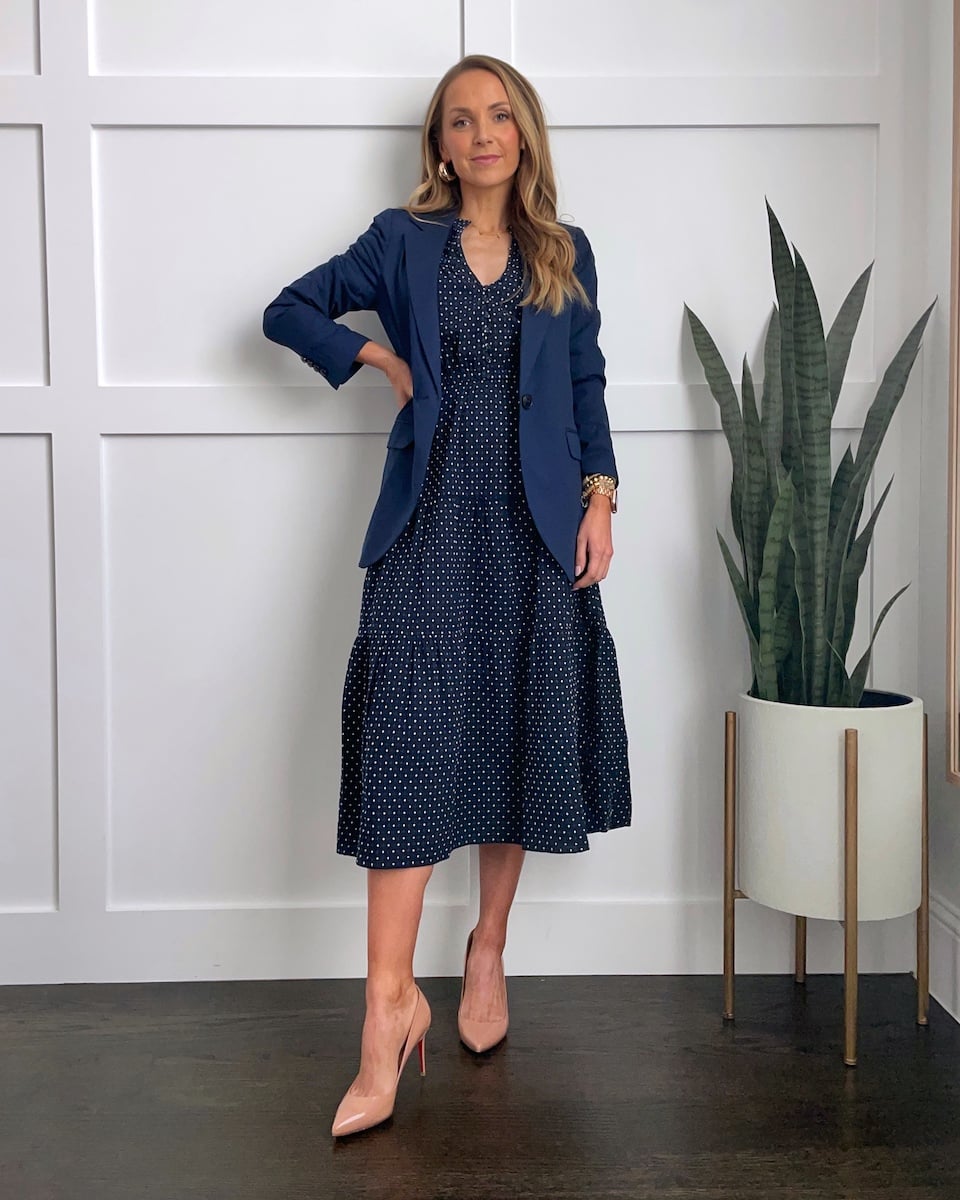 Navy polka dot dress with blazer