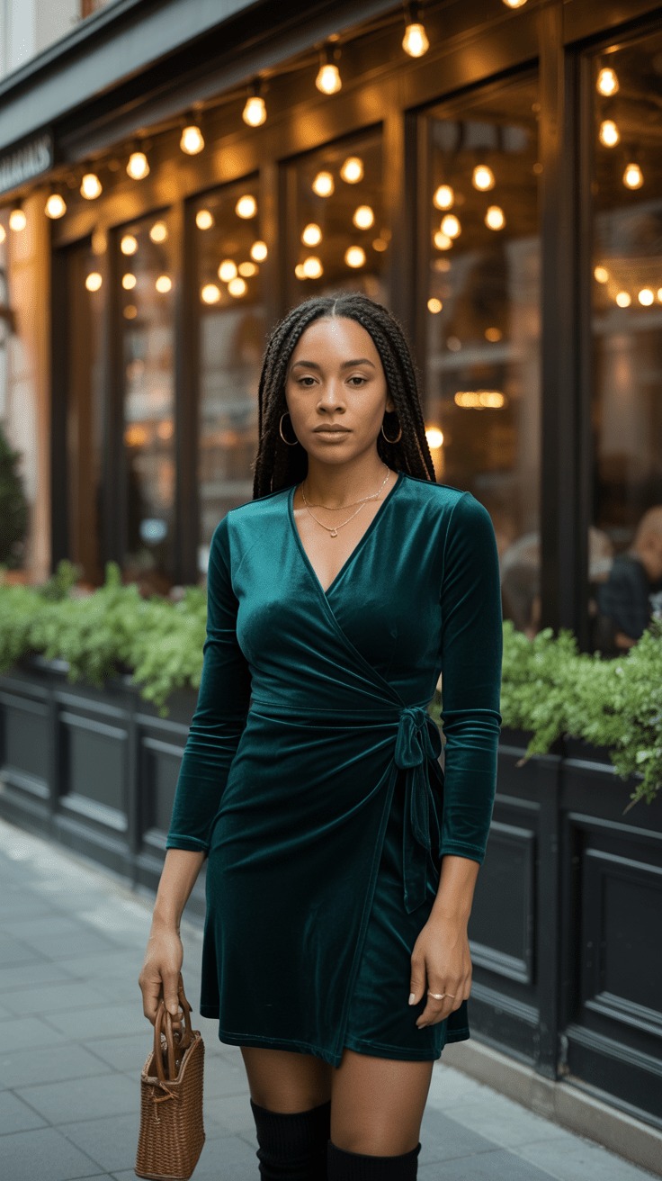 Emerald velvet wrap dress with black boots