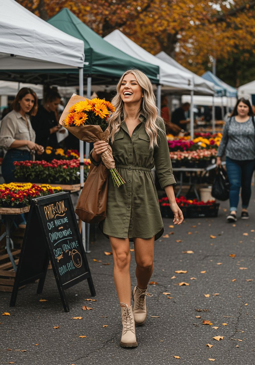 Olive utility dress with combat boots