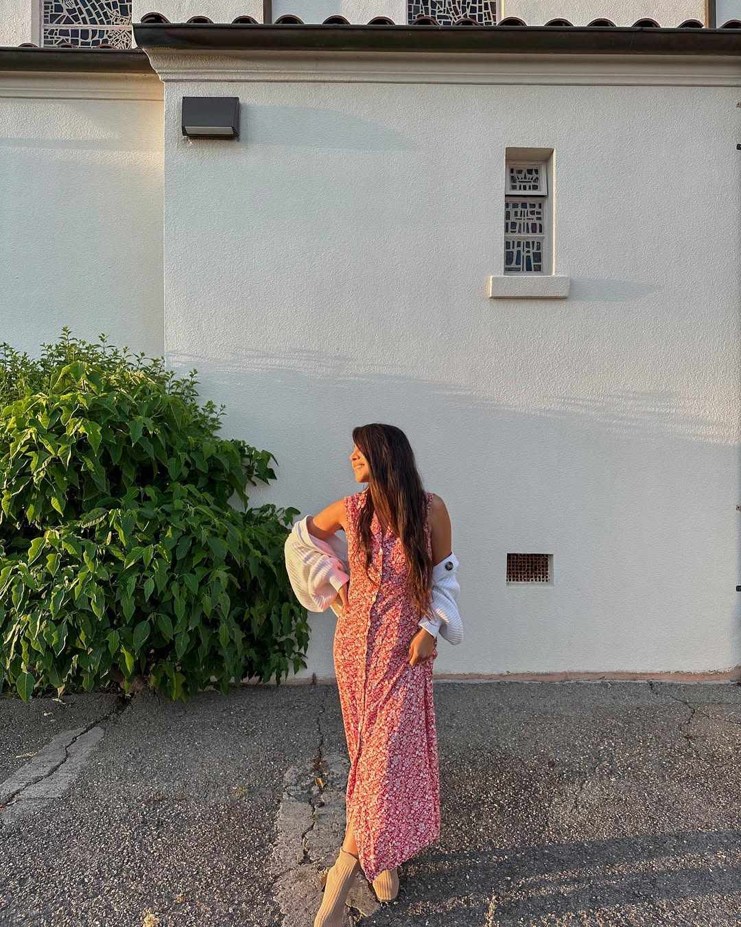 Floral maxi dress with white shirt