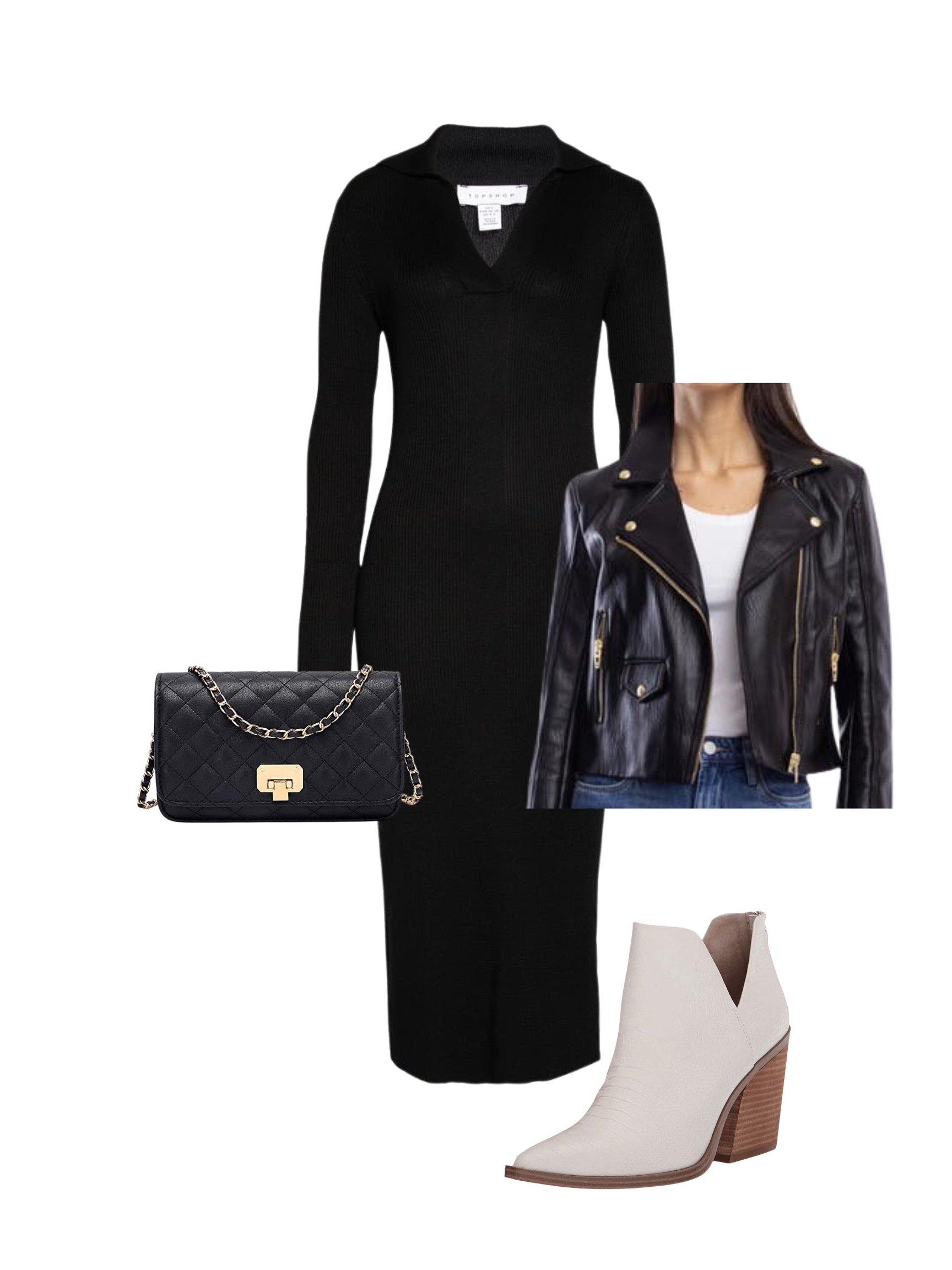 Black knit dress with leather jacket