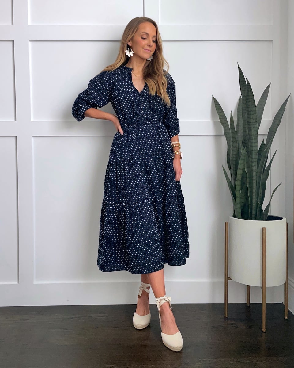 Navy polka dot dress with espadrilles