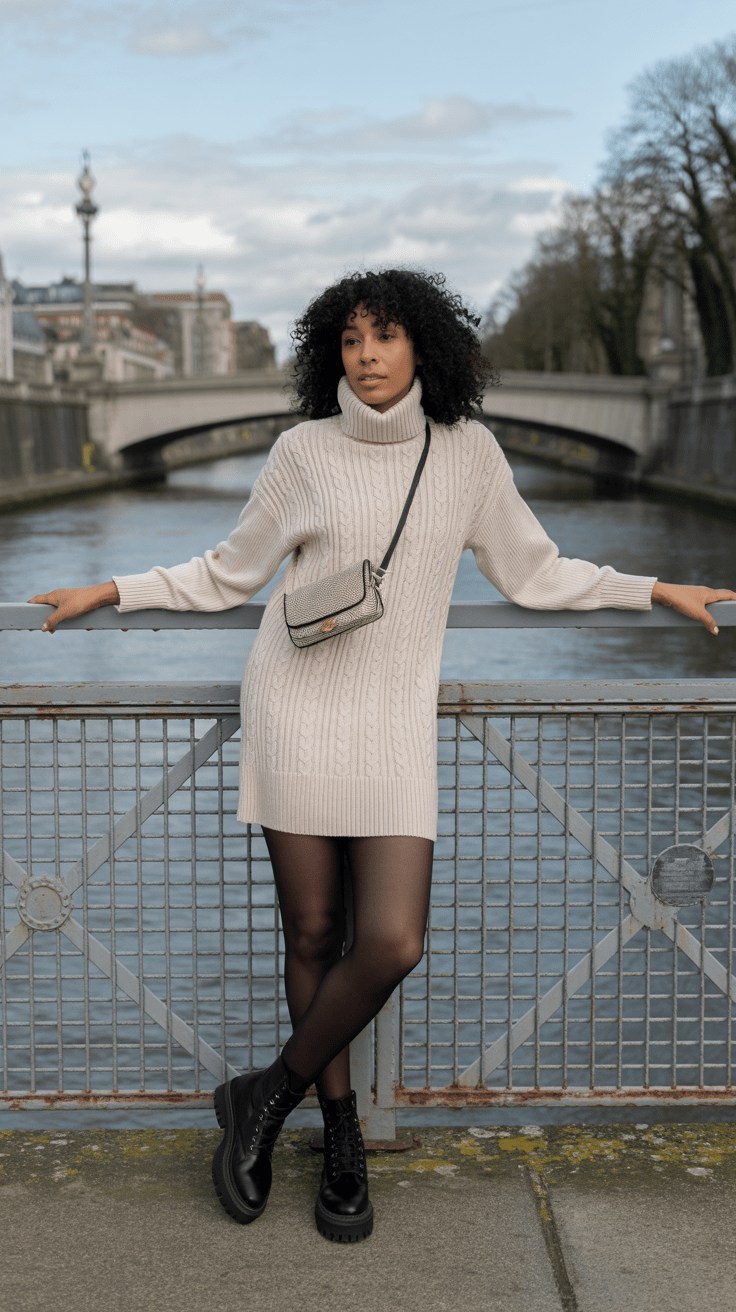 Cream cable knit dress with boots