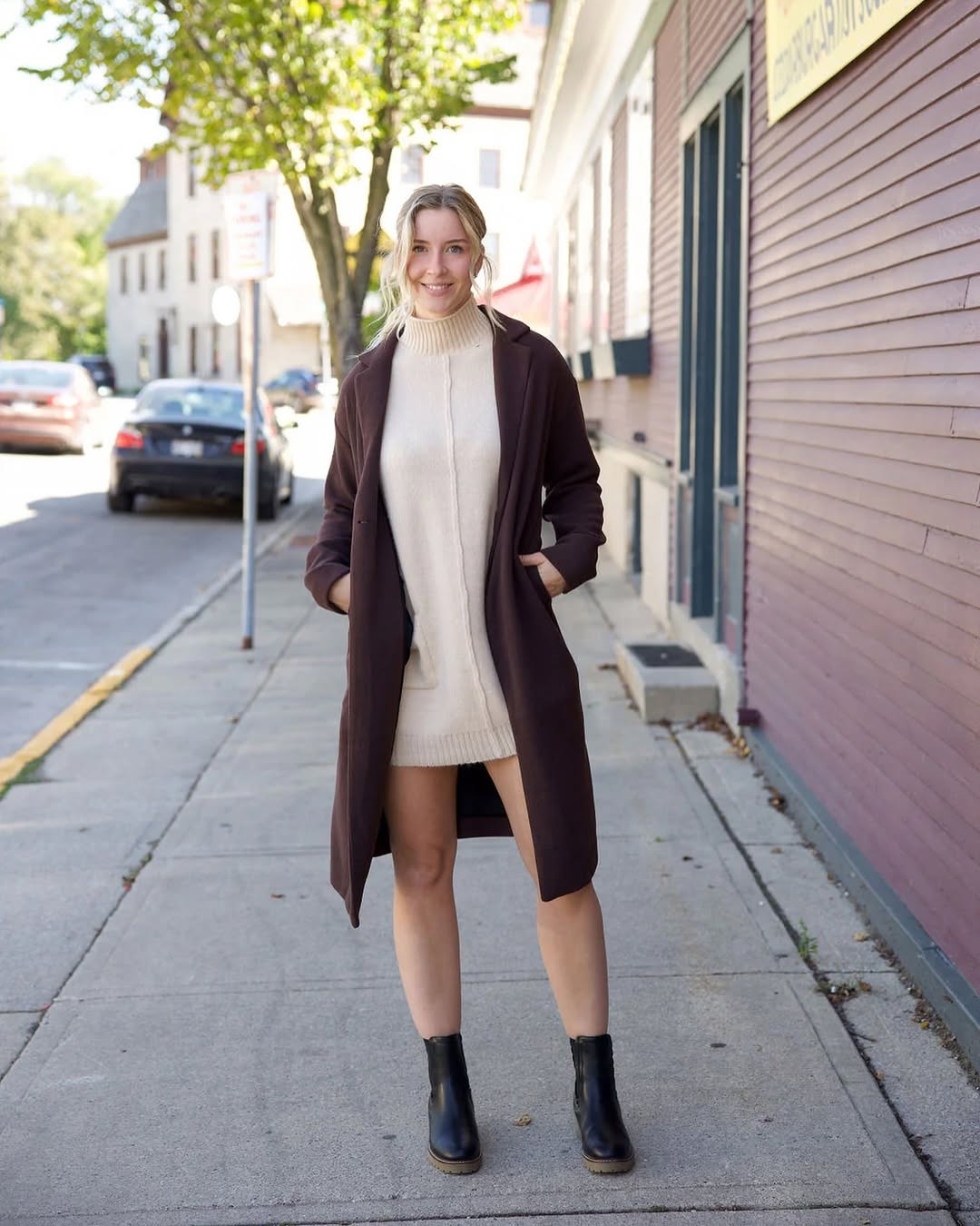 Cream sweater dress with brown coat