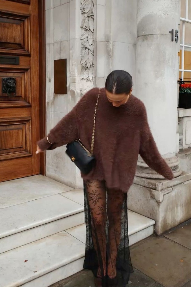 Fuzzy sweater paired with lace skirt