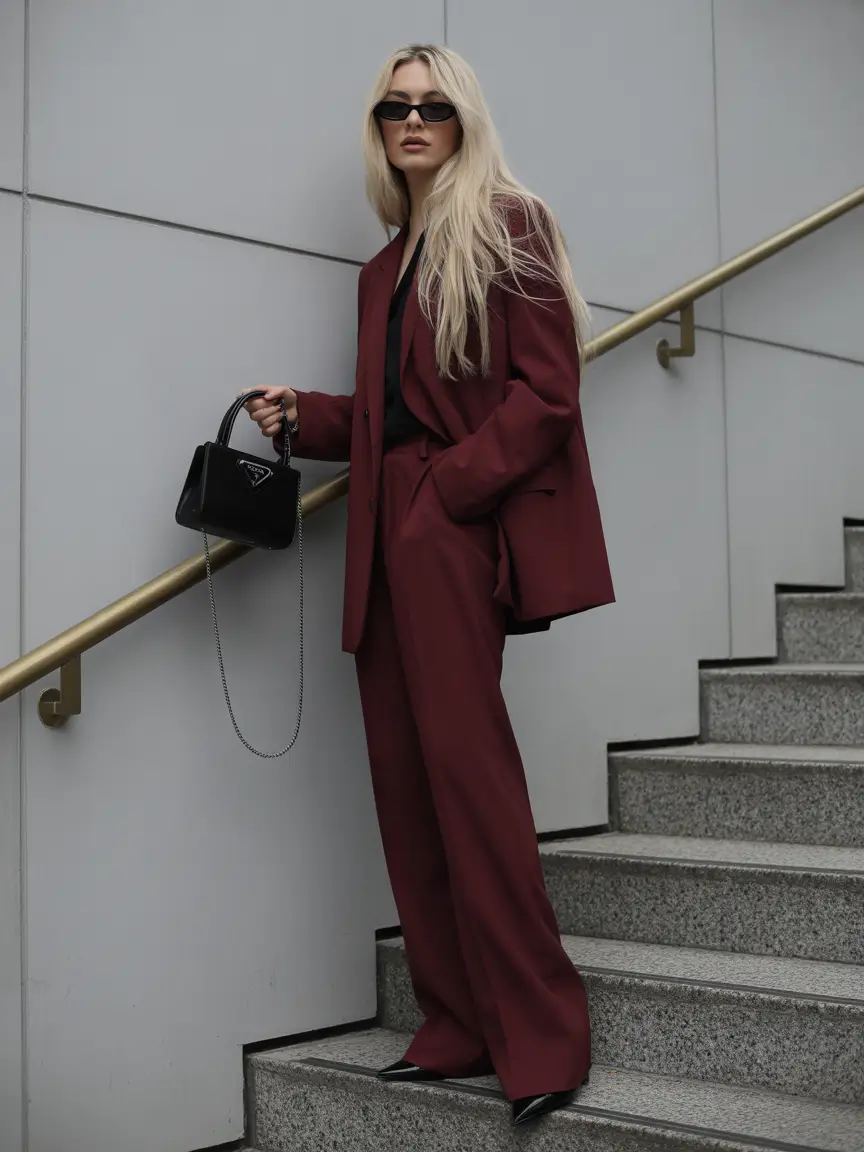 Burgundy power suit for fall