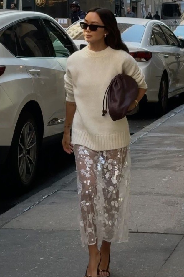 Knit sweater with embroidered sheer skirt