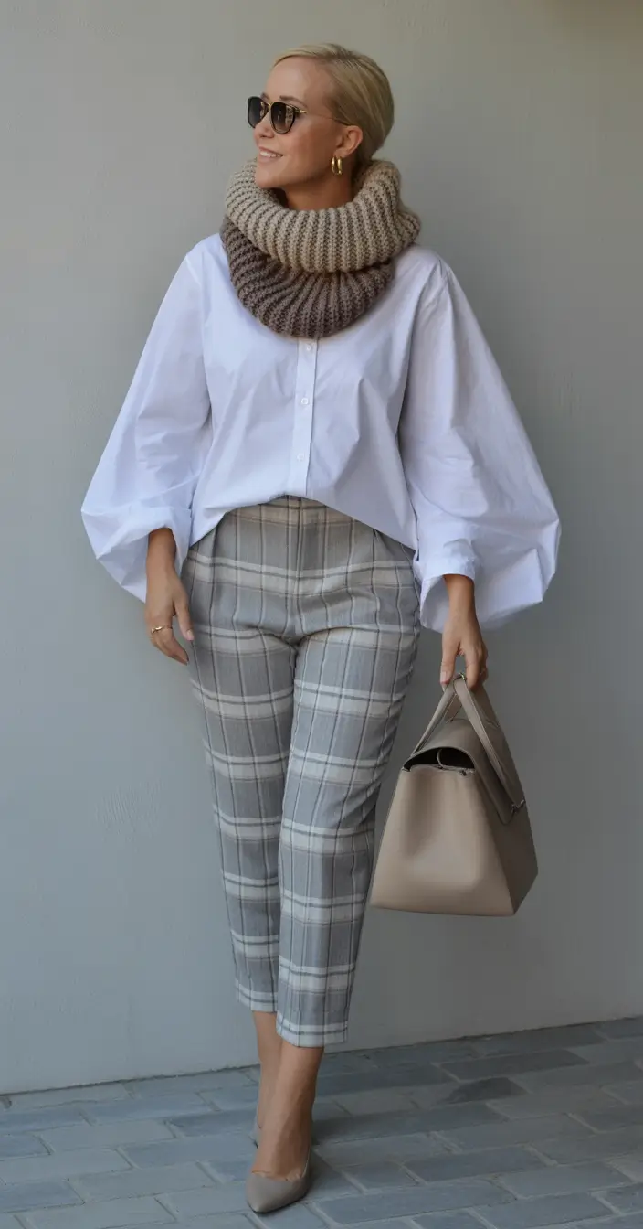 Bold collar with plaid trousers