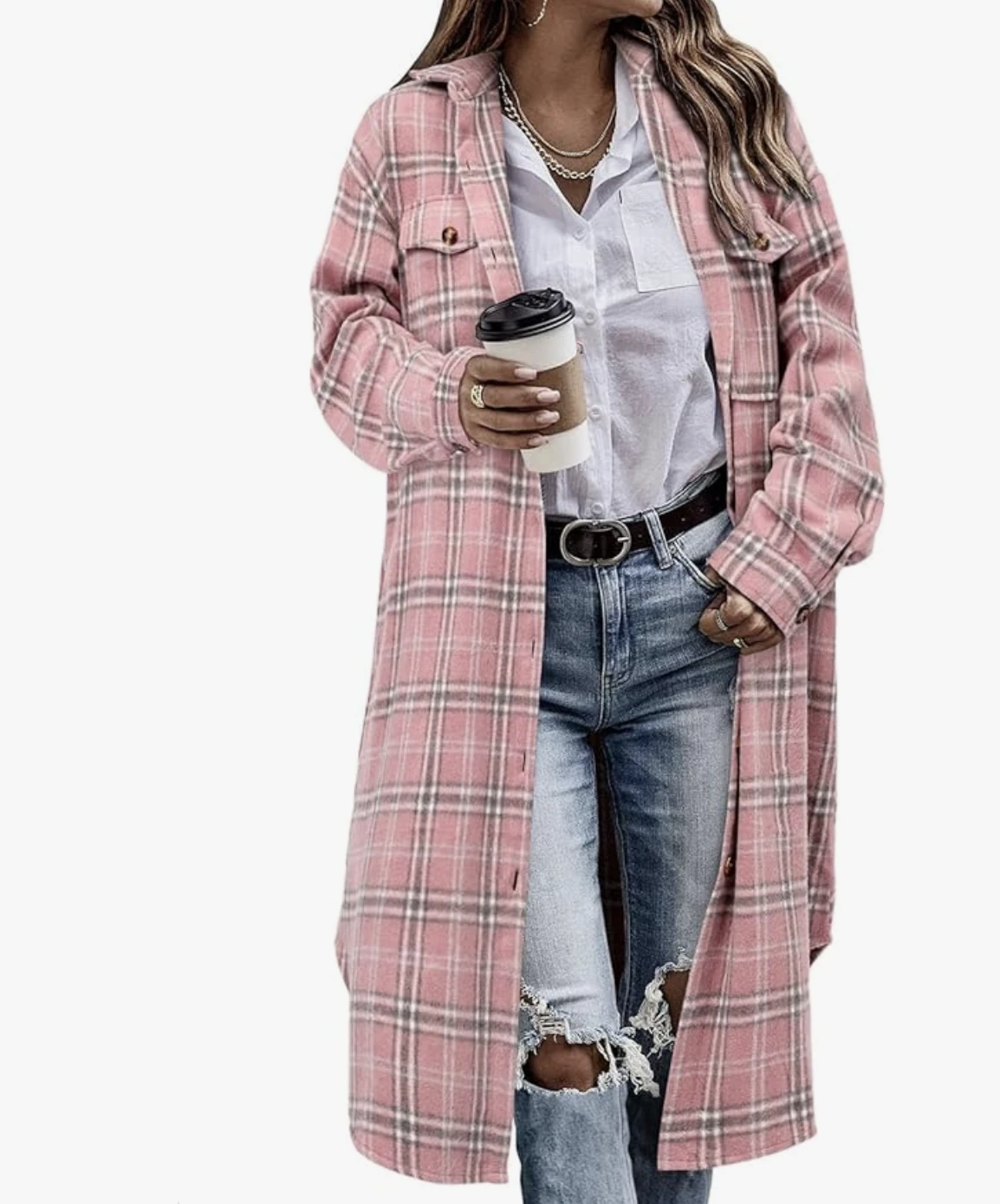 Plaid shacket with distressed jeans