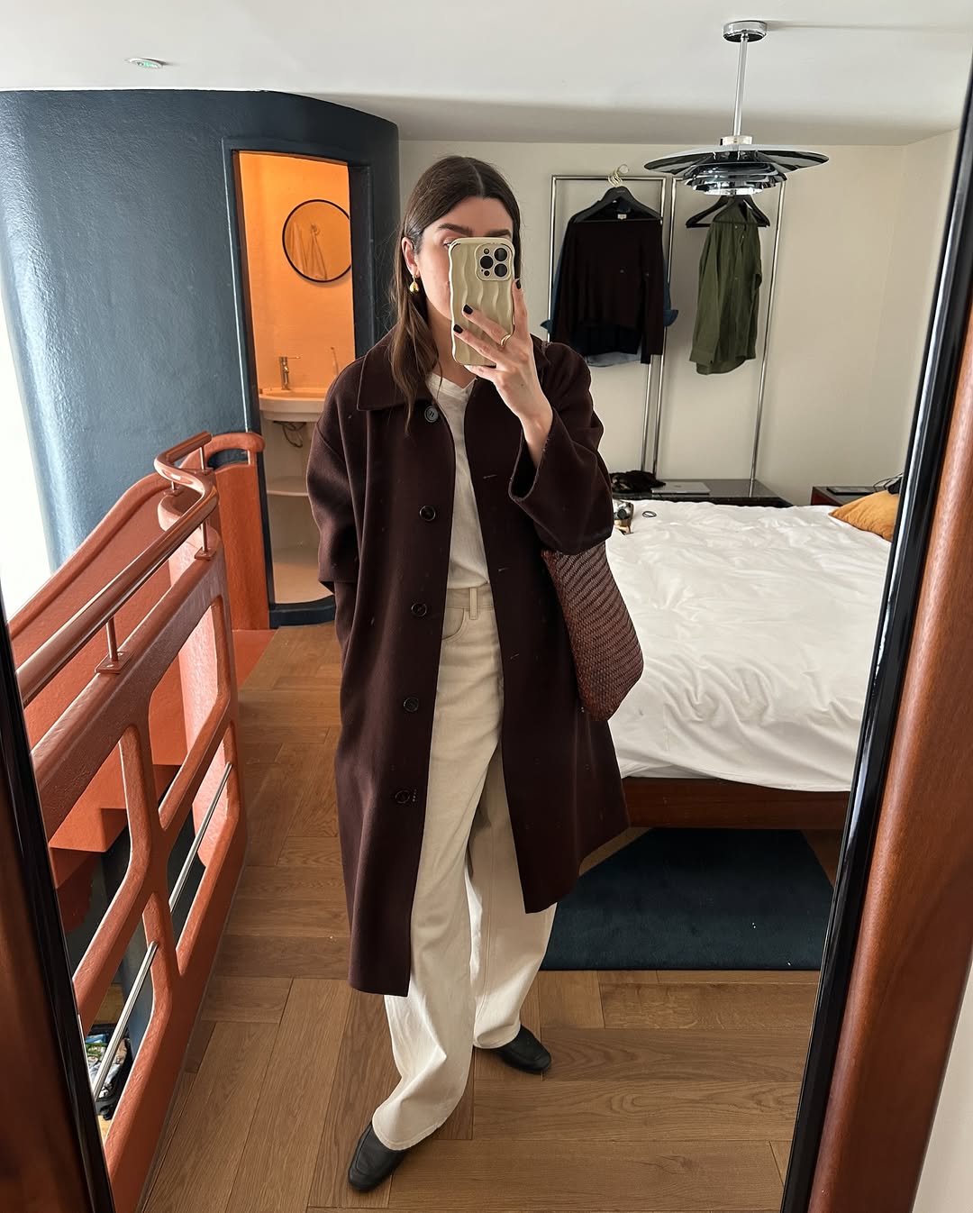 Brown coat with wide-leg pants