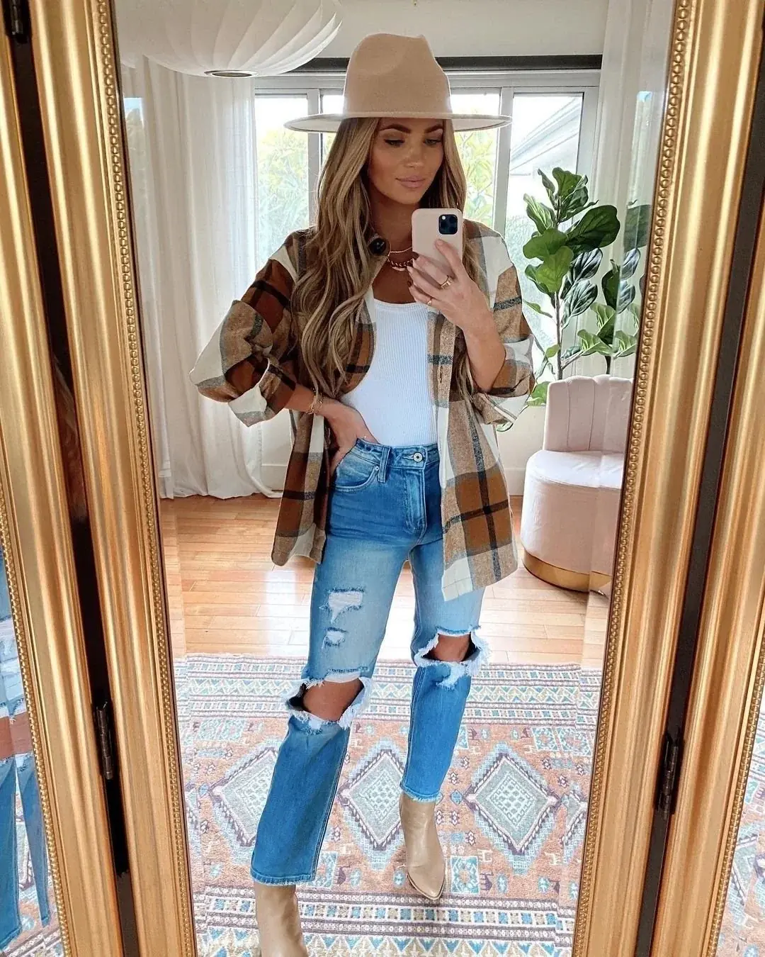 Plaid shirt with distressed denim