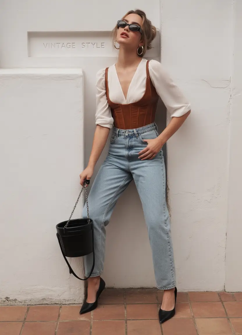 Corset top with high-waist jeans