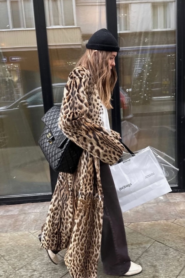 Leopard coat with relaxed trousers
