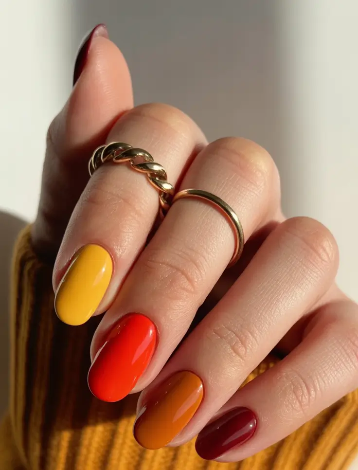 Gradient fall nails with warm hues and glossy finish