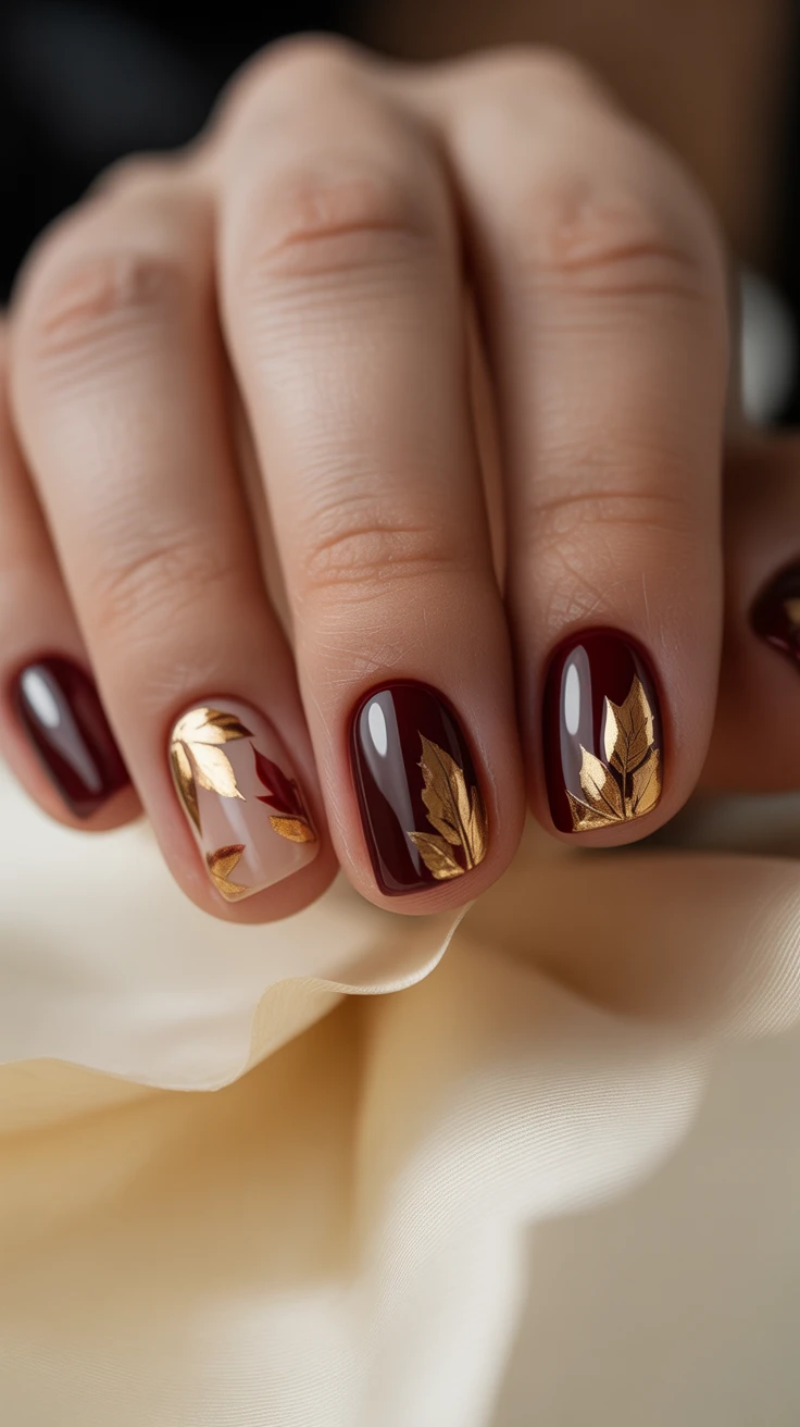 Burgundy nails with gold leaf accent, classic fall design