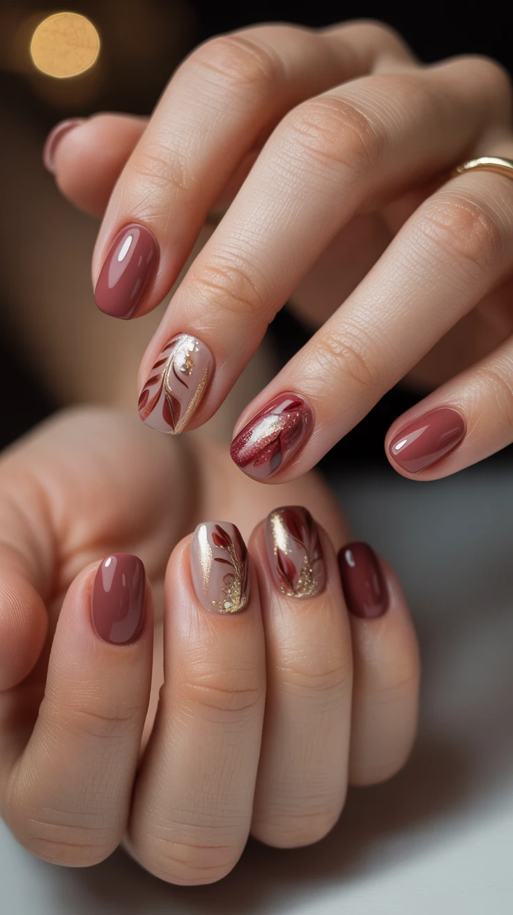 Rustic fall nails with artistic leaf designs and warm tones