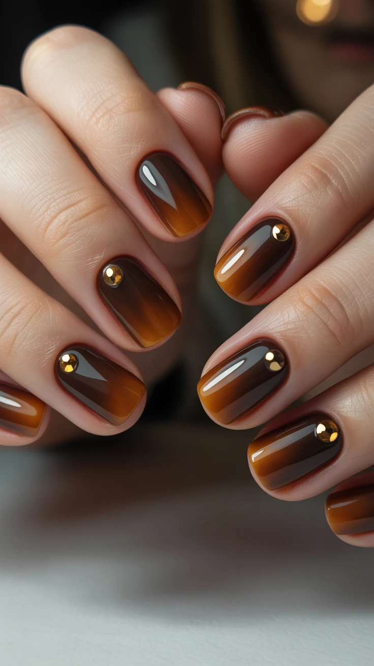 Brown nails with gold embellishments, luxurious fall manicure