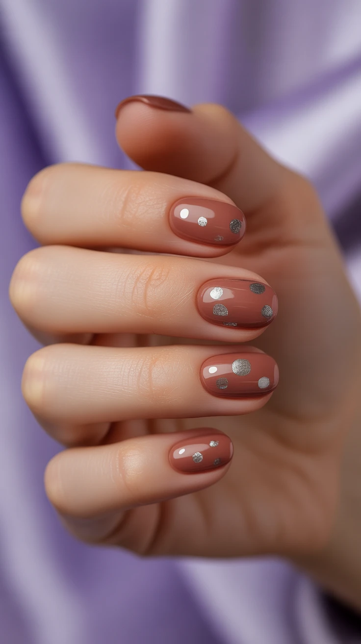 Mauve nails with playful dots, trendy fall nail art