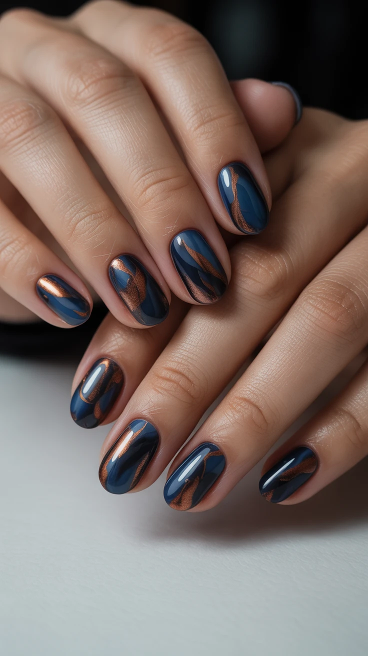 Midnight blue nails with copper accents, chic fall design