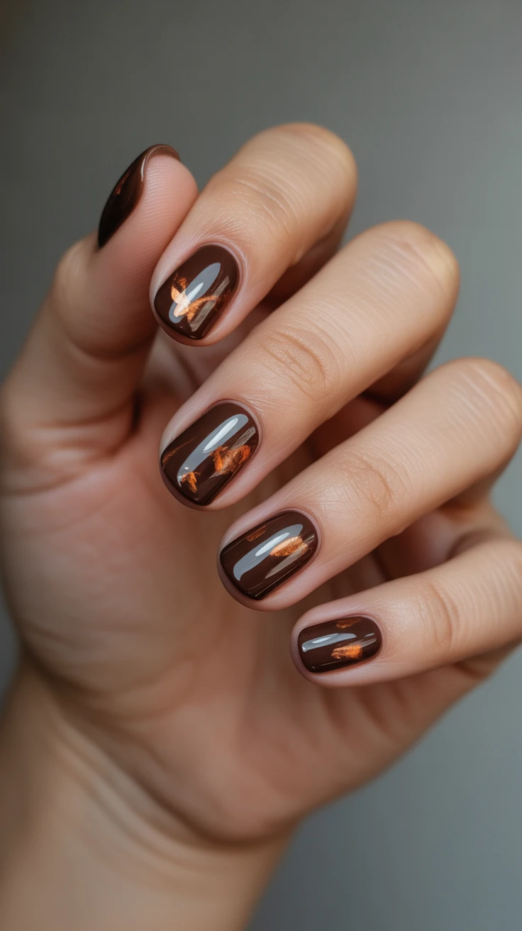 Chocolate brown nails with metallic streaks, elegant fall style